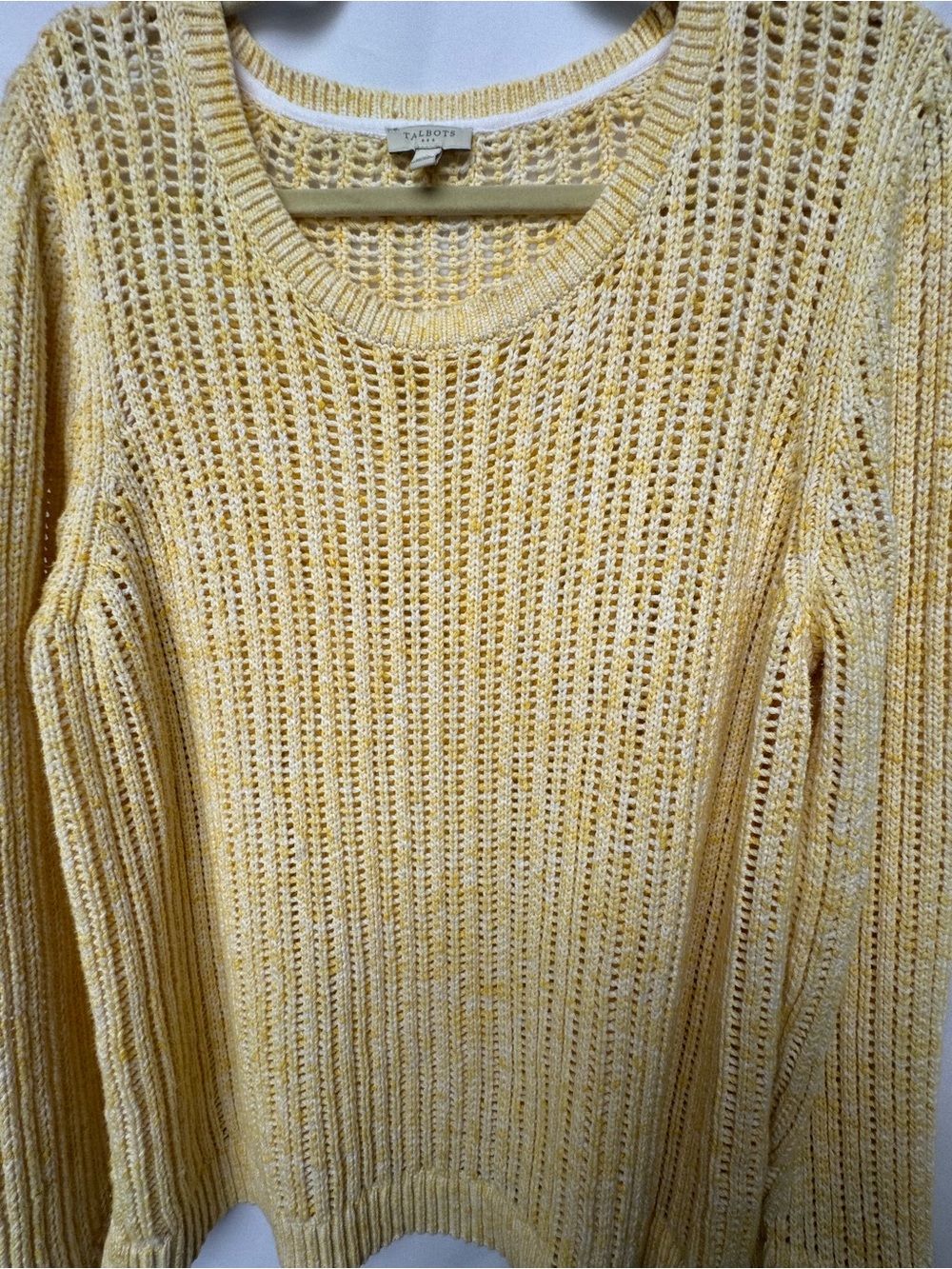 Talbots 100% Cotton Yellow and White Open-Knit Crewneck Sweater Coastal Summer